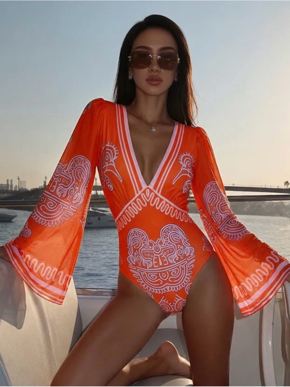 Bright Orange V-Neck Long-Sleeve One-Piece Swimsuit